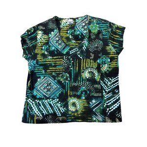 Chicos Womens Geometric & Abstract Print V-Neck Top Size L Black/Green